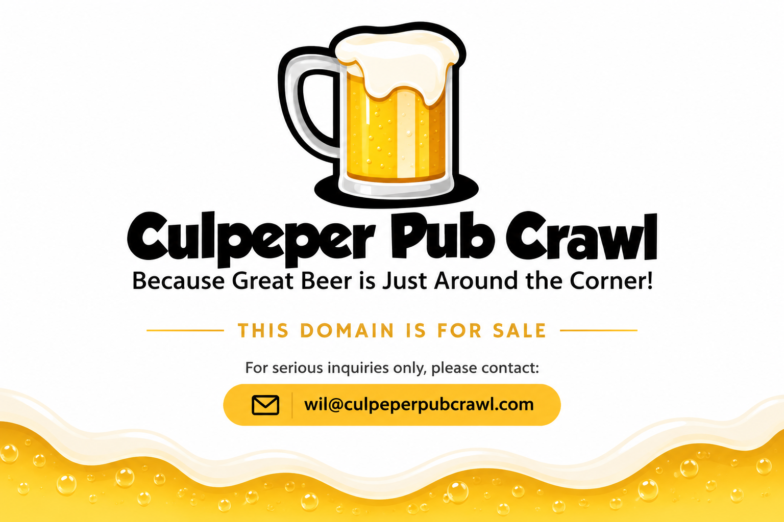 Culpeper Pub Crawl — Because Great Beer is Just Around the Corner! This domain is for sale. For serious inquiries only, contact wil@culpeperpubcrawl.com.